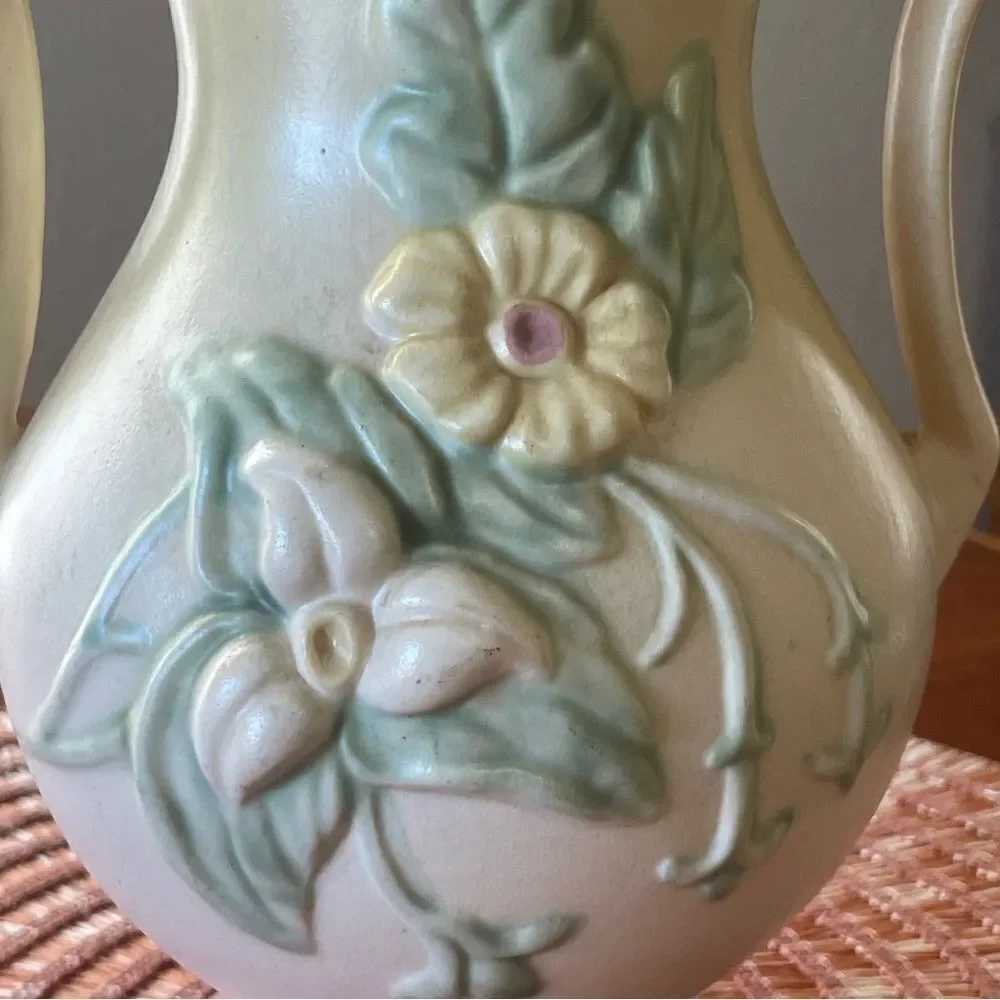 Vintage Hull Art Floral Double Handle Pottery Vase Pink Yellow Pink Green